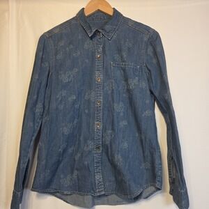 Bullhead Black Floral Chambray Denim Button Up Shirt Women's M Medium
